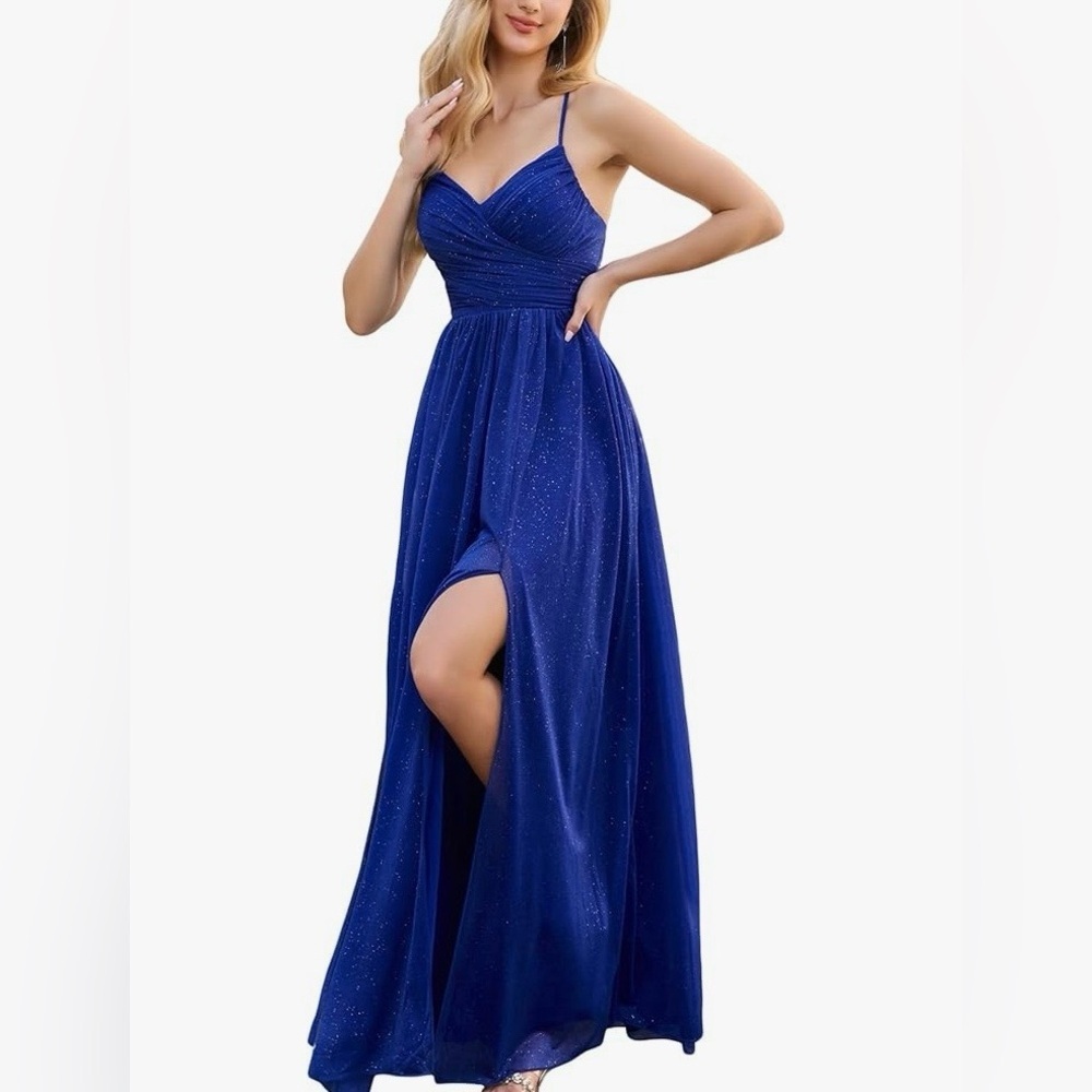 Royal Blue Spaghetti Strap Formal Floor Length Slit Corset Back Dress